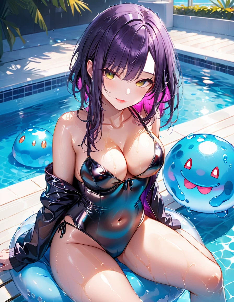 Mature beautiful woman,(Highest quality,Extremely detailed depiction,Incredibly absurd high resolution,Anatomically accurate depiction,Curvy Legs),(Glowing Skin,Shiny skin,Oilskin),(Bikini Swimwear,latex,Wet body),eyelash,Sweat,(pupil,Half-closed eyes:1.3,There is cleavage in the chest,A seductive smile,Glossy lipstick,Flashy makeup,),whole body,background:Daytime pool,(A cute little slime on your chest:1.5)
