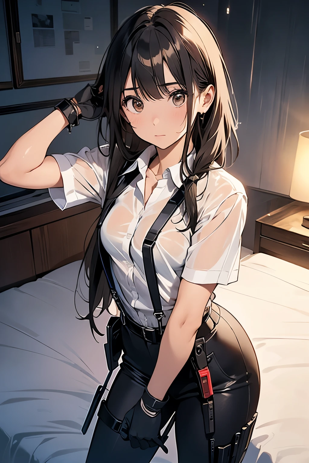 1 female, , high quality, masterpiece, Ultra-high resolution, , Cinema Lighting, , , And the suspenders with the cranes flying Large Breasts Small face holster Lying in bed Looking up Sweat belt summer 脇Sweat Black Hole Gloves suit shirt Black jacket Black trousers Leg Links ズボンにbelt holster Hands behind your back Anxious expression Looking up Anxious face, legs apart Armament Cable ties レッグholster holster See-through clothing heavy rain Getting wet in the rain