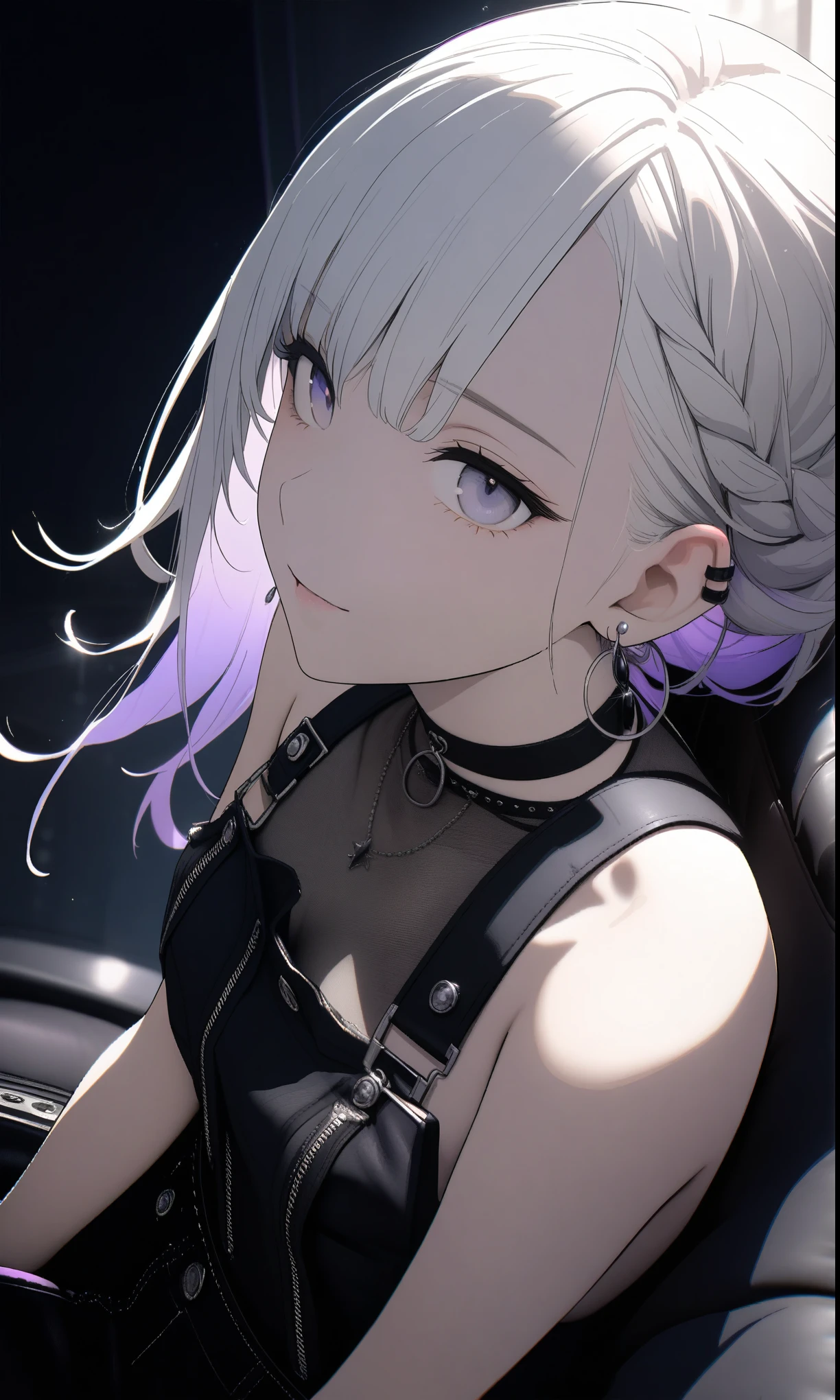 , ((She has some silver earrings in her ears... Black choker、Sexy punk fashioith a black base and lots of exposure))、(White hair color、Light purple inner color hairstyle、Hair expressed with a delicate touch), Beautiful Hair, Facial Contour, Remember, Luxury Lounge、Sitting on the sofa, splash, Lens flare、moonlight、illumination、Natural Color, High resolution, Very delicate, Very detailed, 8k,(Breast size around 、Shyness,((Sexual)),((Sexy feeling)) Angle、Over angle of view