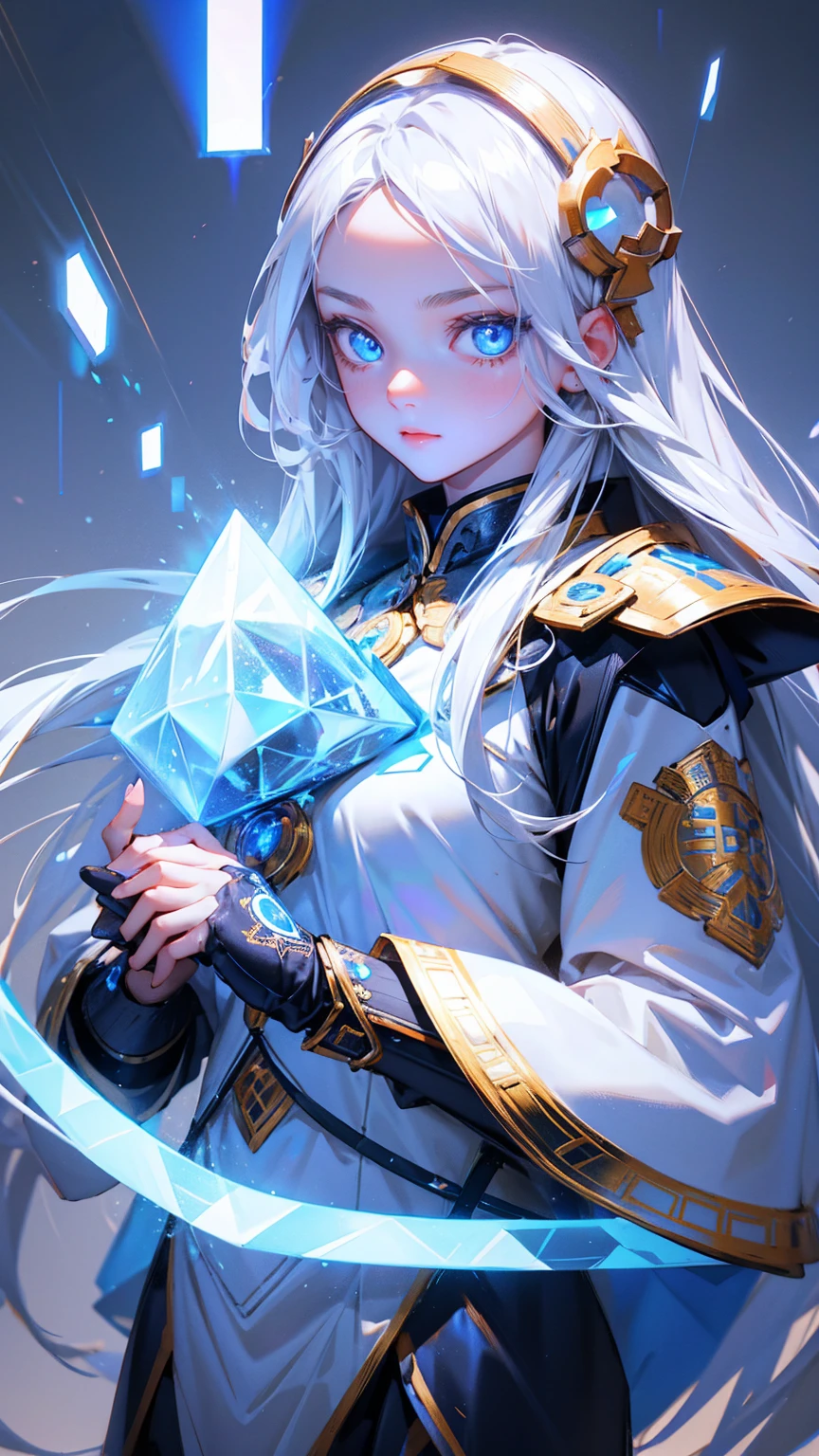 a logo with cute girl blue eyes, bitcoin symbols in eyes, forehead bitcoin symbols, long white hair, wearing ancient Asian armor and helmet with glowing crystals on top, grey background