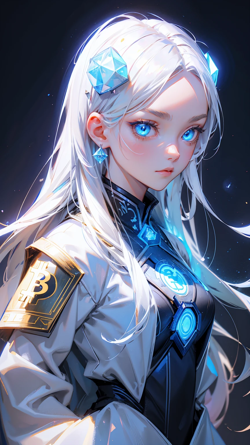 a logo with cute girl blue eyes, bitcoin symbols in eyes, forehead bitcoin symbols, long white hair, wearing ancient Asian armor and helmet with glowing crystals on top, grey background