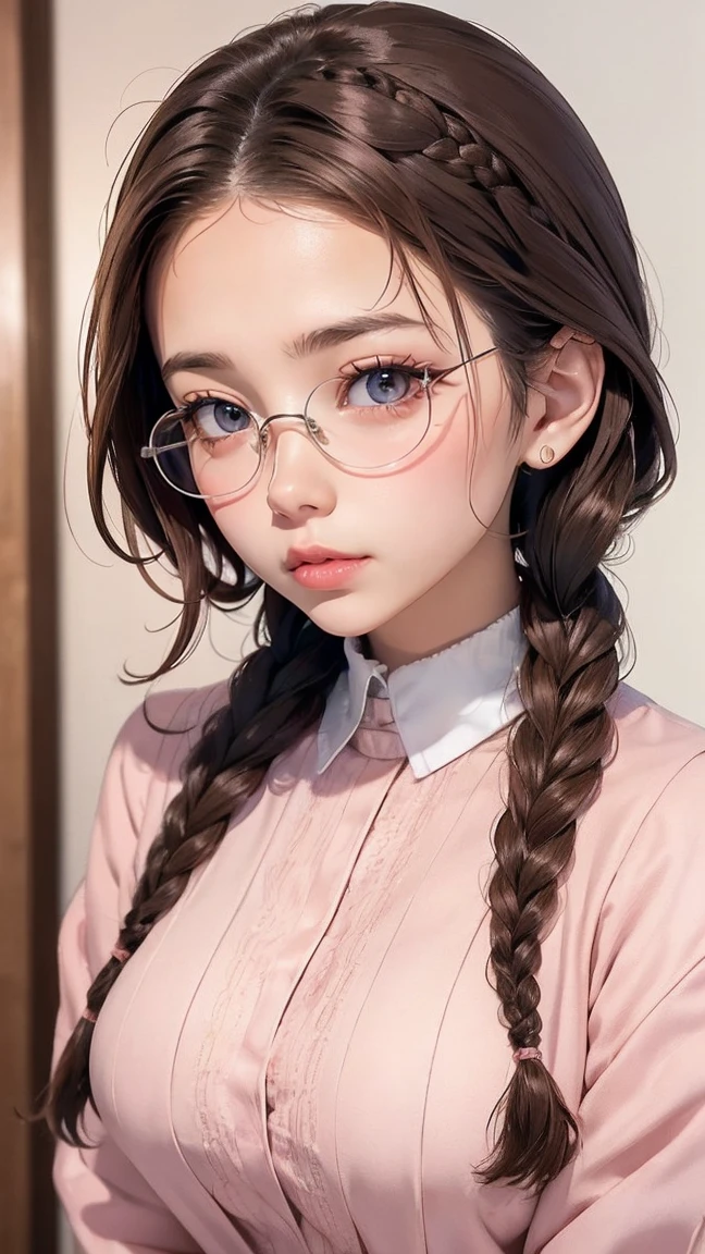 1 female,Brown Hair, ,((Anxious expression)),Beautiful breasts,uniform,stylish,,(look forward to)(((blush、Surprised expression)),(((Braiding))),((( Upper body portrait)))Frameless Glasses