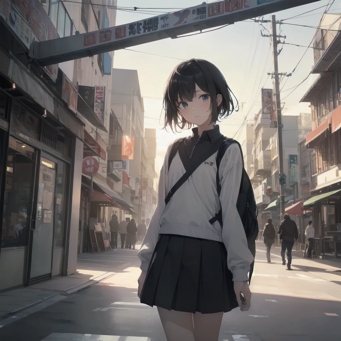 Portraiture, documentary, photograph, A girl is 13 years old gender-neutral middle school student with short black hair and , 疲れた表情でCommuting路を歩いている, short hair, , skirt, Commuting route, high quality, Realistic, Eye-level shot, Medium Shot, Front view, Natural light, Commuting,break,One girl, (alone, face,13 years old:1.5),, The charm of androgyny, (Very short hair), Flat Chest, Small Ass, Beautiful and exquisite black eyes, Disgusted Eyes,break,((最high quality,Anime Style, Very detailed,High resolution,Very detailedCG,unity 8k wallpaper,By famous artists,Perfect Anatomy,Very detailed肌,Cinema Lighting)),