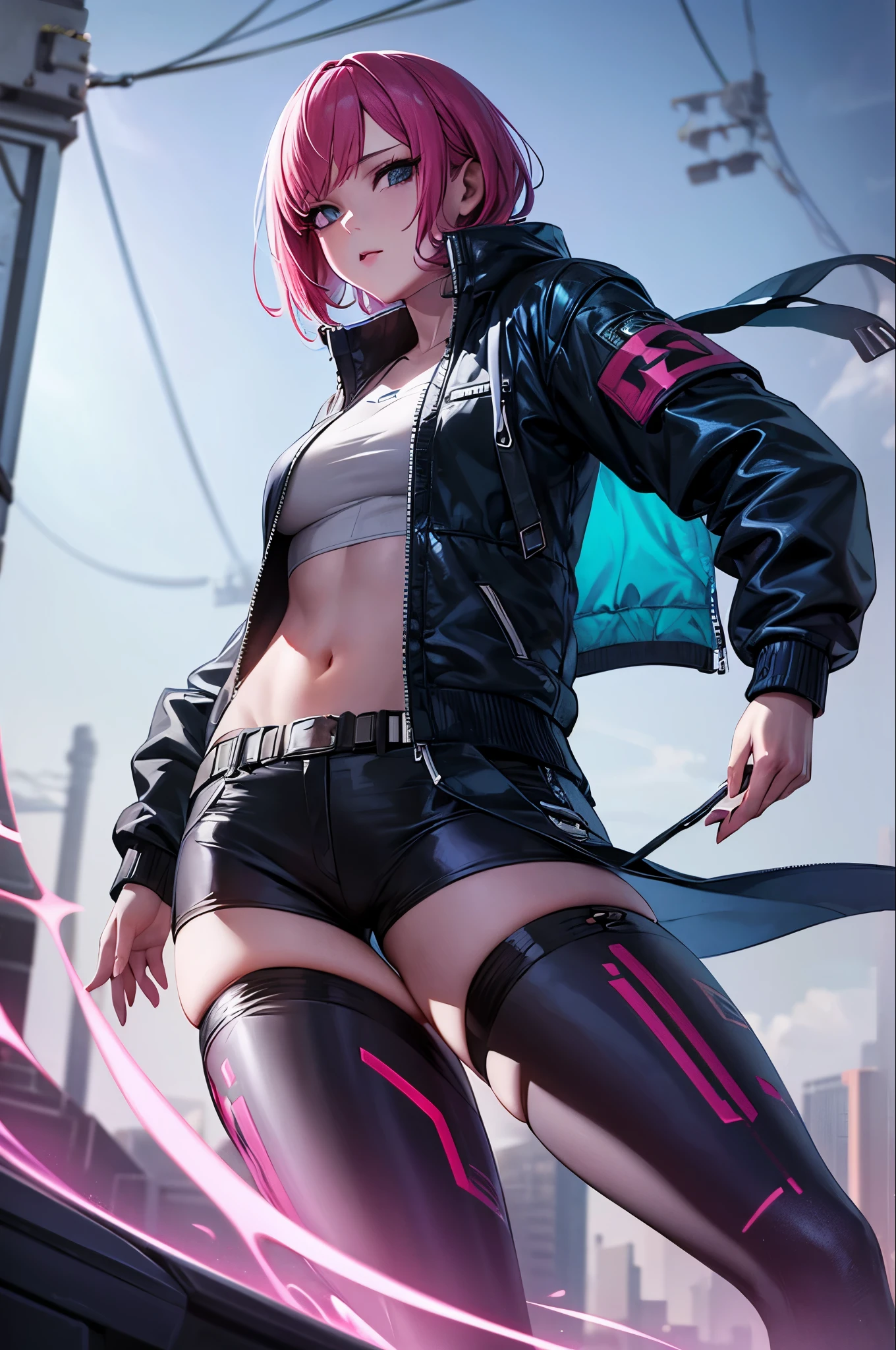 Anime girl in shorts and jacket, Cyberpunk Anime Girl, 8k, Gwayz on artstation pixiv, Girl wearing mecha cyber armor