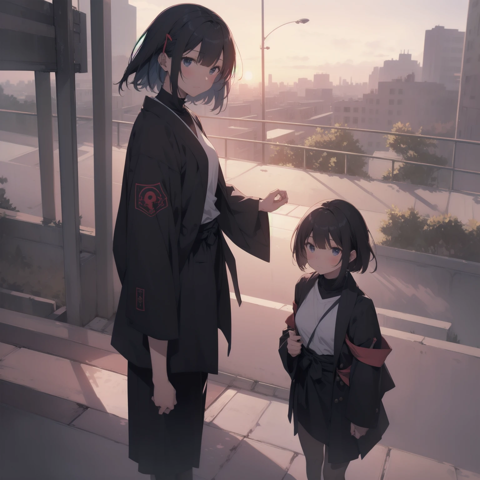 Ninjas are... cool and... fast.!ultra-absurdres-Top quality by artist God, ultra-detailed, high resolution, anime moe artstyle, best anime 8k konachan wallpaper, pixiv contest winner, pool:2810, perfect anatomy,break, (Please draw a picture of a Ninja girl stand and look down on the city from rooftop),from above, dutch angle, break, Domo…1girl is ninja girl, (Solo,ロリ,,12-year-old:1.3), androgynous charm, (Very Short hair, blunt bangs), Full limbs, complete fingers,flat chest, Small butt, groin, finely 8k detailed beautiful black eyes, (sleeveless hanjuban),obi,ninja hakama, japanese Hairpin,ninja scarf waving in the wind, break,super detailed skin, Best cinematic lighting powered by famous artist, 8k,beauty illustration,photoshop_(medium),very aesthetic,break,((artist:horosuke )), artist:clamp ,artist:carnelian ,artist:kantoku ,
