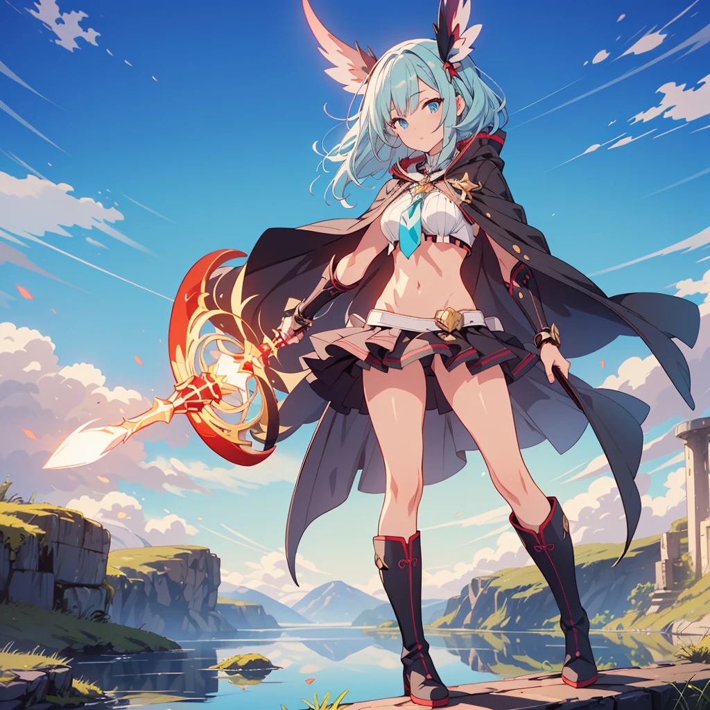 (Tabletop, Highest quality), (perfect athletic body: 1.2), (Thin Hair), Super Detailer, Anime Style, whole body, alone,Magical girl, Sea green twin hairstyles with blue eyes, Wearing a tattered black cloak and a black and red skirt, Wearing long boots, Burnt mechanical limbs, giant limbs, a burning hole in my chest, Standing in the Wilderness, 8K high resolution, White Background, whole body, Holding a giant magic wand in one hand, ((woman'Blue Water'Fist of))Bullish appearance