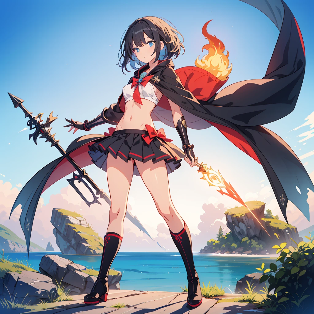 (Tabletop, Highest quality), (perfect athletic body: 1.2), (Thin Hair), Super Detailer, Anime Style, whole body, alone,Magical girl, Sea green twin hairstyles with blue eyes, Wearing a tattered black cloak and a black and red skirt, Wearing long boots, Burnt mechanical limbs, giant limbs, a burning hole in my chest, Standing in the Wilderness, 8K high resolution, White Background, whole body, Holding a giant magic wand in one hand, ((woman'Blue Water'Fist of))Bullish appearance