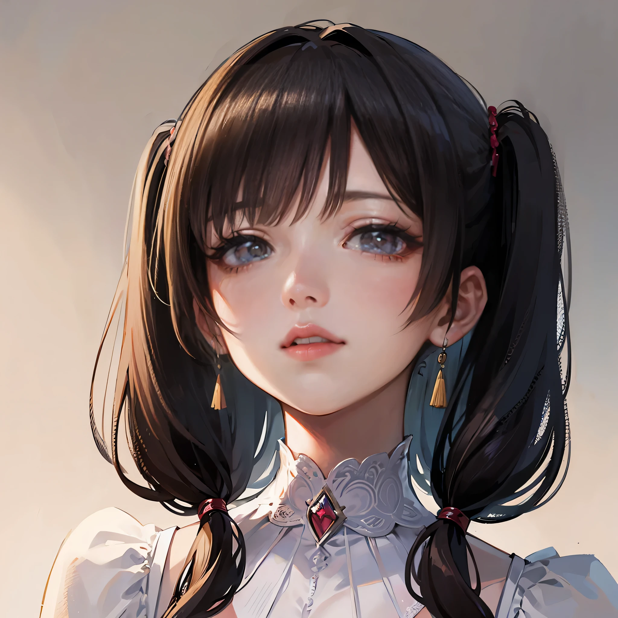 masterpiece, Best Quality, Very delicate and beautiful, Ultra-high resolution, 8k, 2.5D, Princess like a doll, cute,
highly detailed dress, Twin tails, trimmed bangs, Transparent white skin, Fair skin, large, round eyes, Thin lips, round face, look up, Upper Body, Looking at the camera, The best light, Perfect composition,