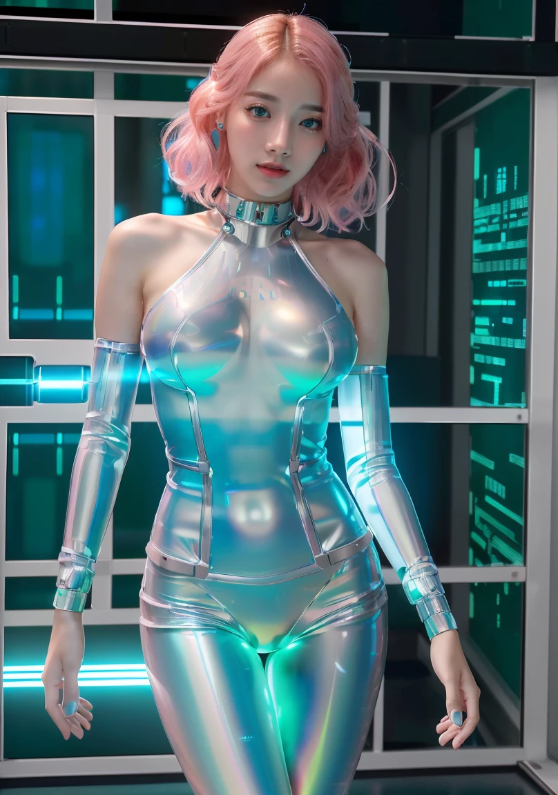 (masterpiece, high resolution, CGI:1.4), (depicting a captivating woman with vibrant pink hair and mesmerizing eyes that shimmer in a captivating blend of green and blue:1.3), (her eyes glowing with an otherworldly light:1.2), (metallic and robotic components integrated throughout her body:1.2), (seamlessly fusing with her organic form:1.2), (delicate circuits and intricate patterns running beneath her skin:1.2), (enhanced robotic limbs with seamless movement:1.2), (her fingers adorned with precision-enhancing cybernetics:1.2), (Canon EOS R5 mirrorless camera:1.2), (paired with a Canon RF 85mm f/1.2L USM lens:1.2), (capturing the finest details of her cybernetic enhancements:1.2), (the laboratory setting designed with a futuristic and minimalistic aesthetic:1.2), (sleek and polished surfaces reflecting the glow of holographic displays:1.2), (floating holographic data screens surrounding her:1.2), (subtle neon lights casting an ethereal glow across the room:1.1), (advanced AI assistants interacting with the environment:1.1), (a mesmerizing CGI render of a woman embracing the merging of human and machine in a captivating future:1.2).