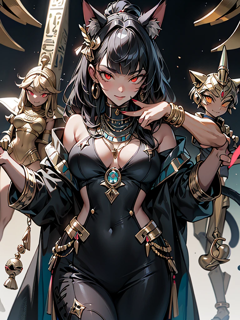 (masterpiece, Highest quality, High resolution:1.2), Very detailed, Realistic anthropomorphic animals, Pharaoh, Egypt, Big Breasts, Egyptian goodness, Pharaohの女性, Cat girl, Cat sphinx, Onyx Skin, Monster Girl, Furry, Detailed body, Fine hand, Correct finger, Egyptian-themed bedroom, Luxurious silk, Gold Gemstones, Seductive red eyes, Mysterious Aura, Sharp Claws, Long nails, Vibrant colors