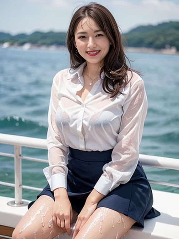 Gray background、pubic hair、Large Breasts、Thighs、Red lipstick、Cute woman、high school girl、White shirt、(Navy blue skirt)、smile、Open chest shirt、(A polka dot shirt that was wet and showed her underwear)、Wet Hair、Gazing at the sea、smile、On the boat、