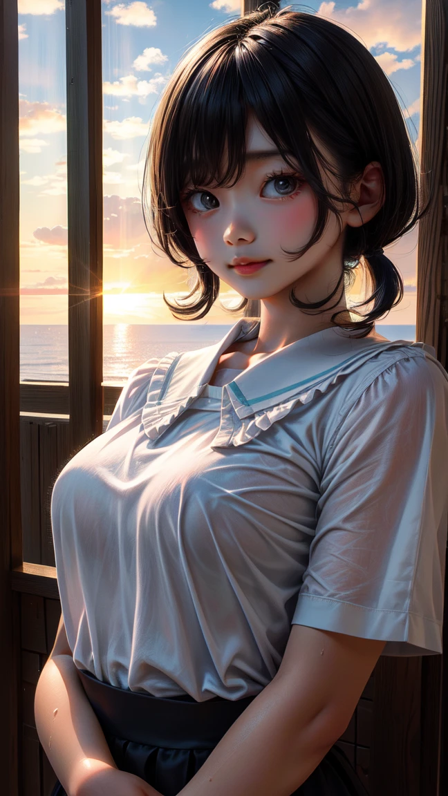 High resolution, Highest quality, super high quality, Very detailed, 8k、underwear、、Embarrassing、Sweaty、Sweat、Embarrassing、(masterpiece:1.2, Highest quality), (Realistic, photoRealistic:1.4), Beautiful illustrations, (Natural Side Lighting, Cinema Lighting), View your audience, whole body, 1 girl, Japanese, high school girl, Perfect Face, Cute and symmetrical face, Glowing Skin, Baby Face, (short hair, Low Twintails,Black Hair), Hair between the eyes, black eye, Big eyes, Droopy eyes, (Center of chest, Captivating thighs, Big Ass)、(Glasses:1.2)