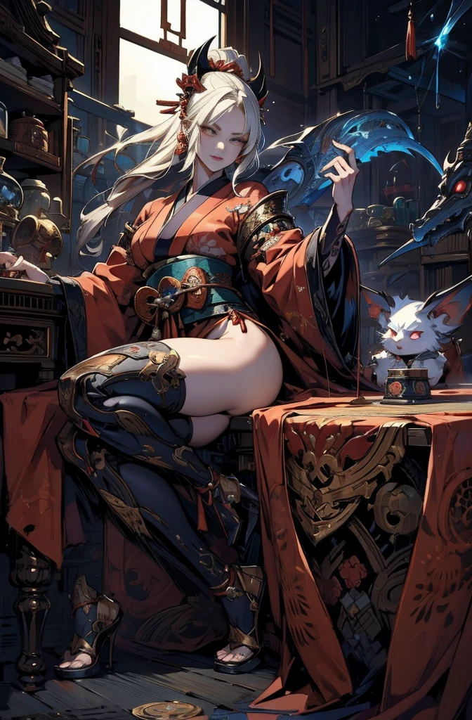 A very beautiful demon woman wearing a red kimono and holding a sword, Platinum Blonde Devil, knife剣を携えた鬼の女, Cool Beauty, Very beautiful face, Sharp eyes, knife, 妖knife, knife, Powerful female samurai, Fanged Mouth, gambling, Platinum Blonde Devil, Beautiful red kimono, Oiran, Highest ranking woman, Ghost Girl, Female Yakuza, Toshi Ibaraki, drinking boy, Very detailed painting by Jan J.., Artstation Contest Winner, Fantasy art, The Detailed Art of the Onmyoji, Lost at 8k, Types of bacteria on artstation pixiv, Types of bacteria. Anime illustration, Onmyoji portrait, Types of bacteria and ruan jia, onmyoji, Highest quality, The perfect angle, Perfect composition, Best Shot, Official Art, Cinematic Light, Sharp contours, pretty much beautiful face, Devil of Kyoto, Lord of Chimi Muru, Ruthless Devil Woman, demon queen, Female Yakuza, Full Body Tattoo, Danvila, 妖knife, wide, Rashomon, SakuraFubuki