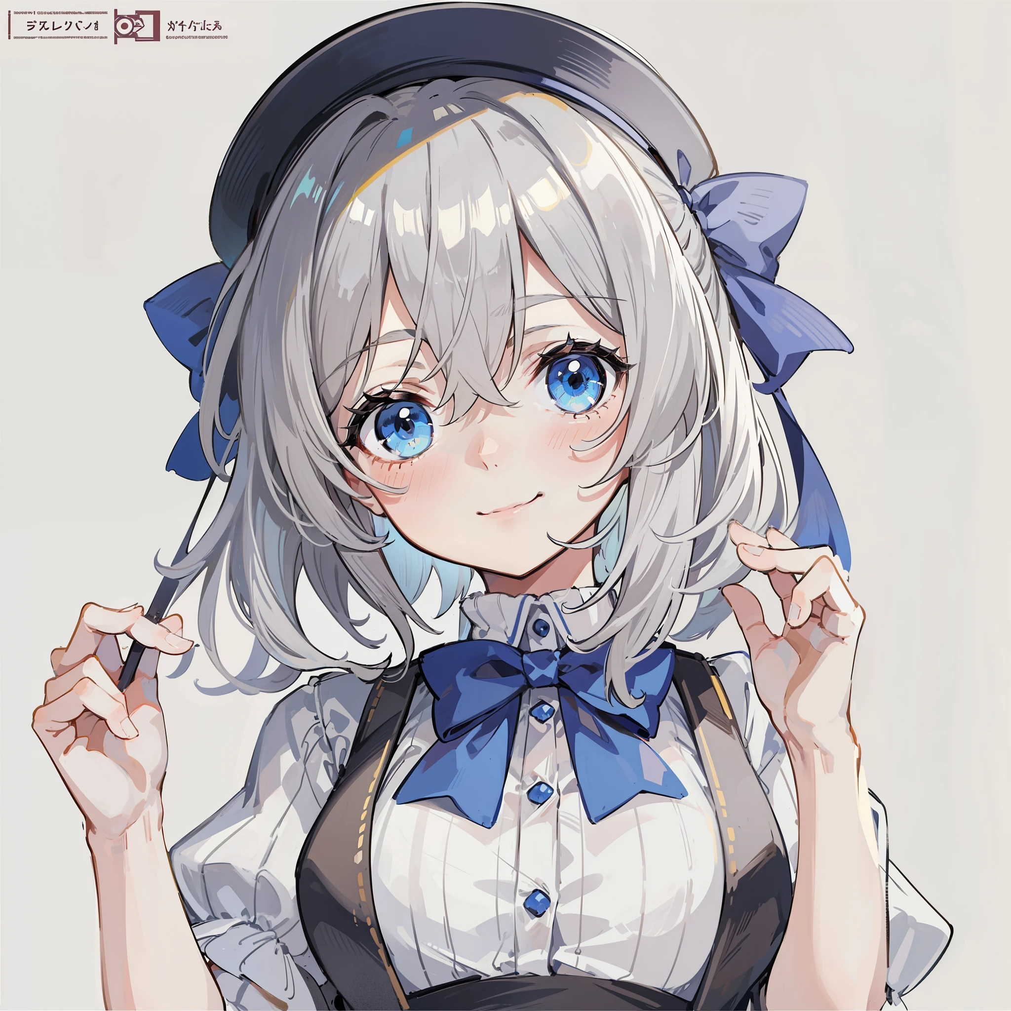 rating:safe, 1girl, solo, long_sleeves, bow, blue_eyes, smile, blush, shirt, looking_at_viewer, striped, short_hair, food, food_on_face, vertical_stripes, upper_body, closed_mouth, simple_background, white_background, bowtie, eyebrows_visible_through_hair, hair_between_eyes, :t, white_shirt, striped_shirt, no_hat, hand_up, puffy_sleeves, grey_hair, silver_hair, bangs, no_headwear, dress, hands_up, juliet_sleeves, breasts