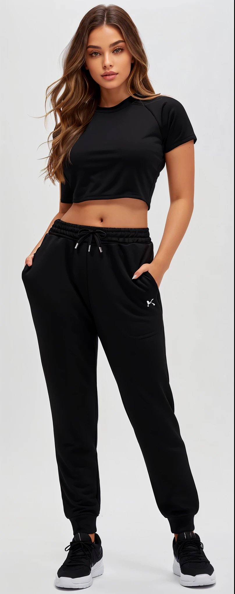 a woman in a blackw cropped top and sweatpantss, blackw sweatpants, blackw pants, high waist sweatpants, sport pants, blackw, pants, comfortable, blackw trousers, two piece workout clothes, vsx, onyx, casual, Velvet, sports clothes, track suit, wearing blackw tight clothing, wearing a track suit, slim waist and thick hips