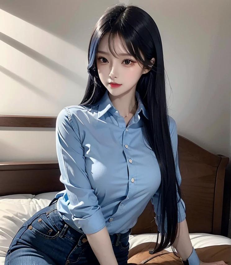 Woman with long hair straight, (Denim-blue hair color), high detailed, realistic, ultra realistic, ((Denim-blue shirt)) and black skinny long pant,