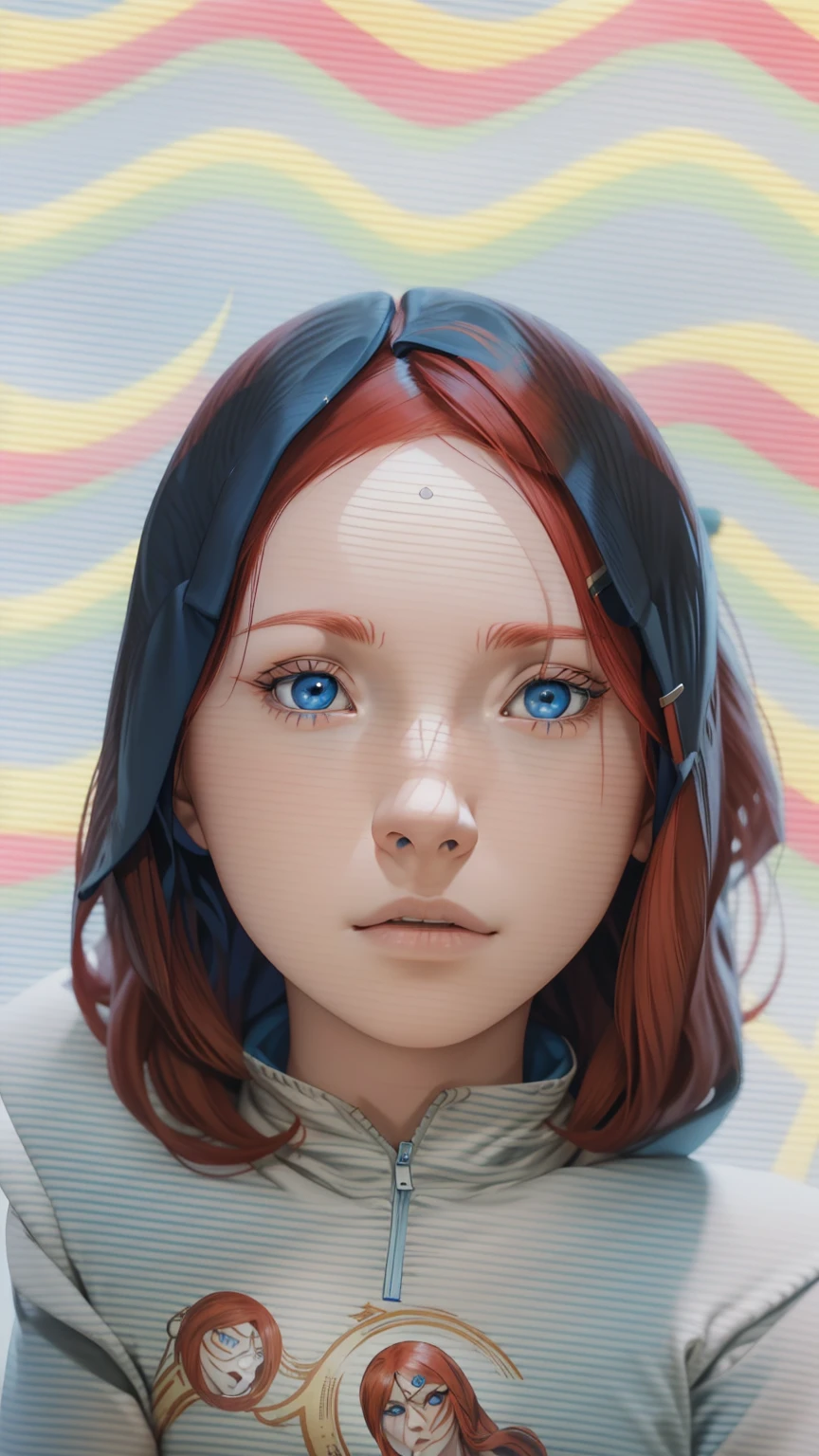 Masterpiece, ultra-detailed, 1girl, solo, Uzumaki Kushina, long red hair, hair ornament, red hair, hairclip, (blue eyes:1.5), wearing Streetwear Hoodie, looking at viewer, upper body, full body, indoors, (masterpiece:1.2), best quality, high resolution, extremely detailed face, perfect lighting, extremely detailed CG, (perfect hands, perfect anatomy),