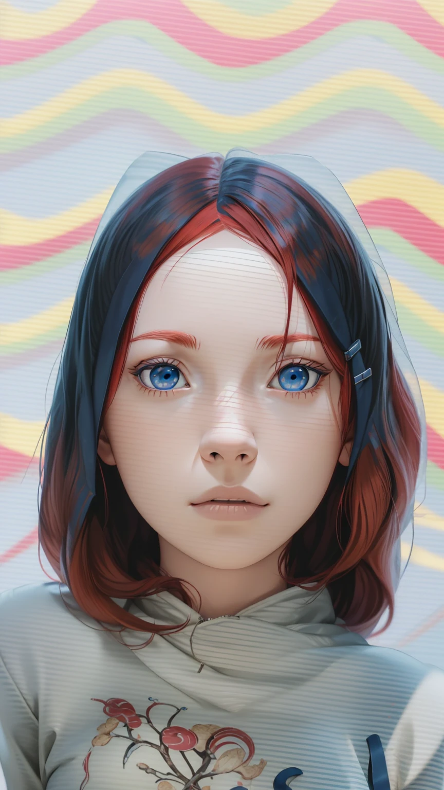 Masterpiece, ultra-detailed, 1girl, solo, Uzumaki Kushina, long red hair, hair ornament, red hair, hairclip, (blue eyes:1.5), wearing Streetwear Hoodie, looking at viewer, upper body, full body, indoors, (masterpiece:1.2), best quality, high resolution, extremely detailed face, perfect lighting, extremely detailed CG, (perfect hands, perfect anatomy),