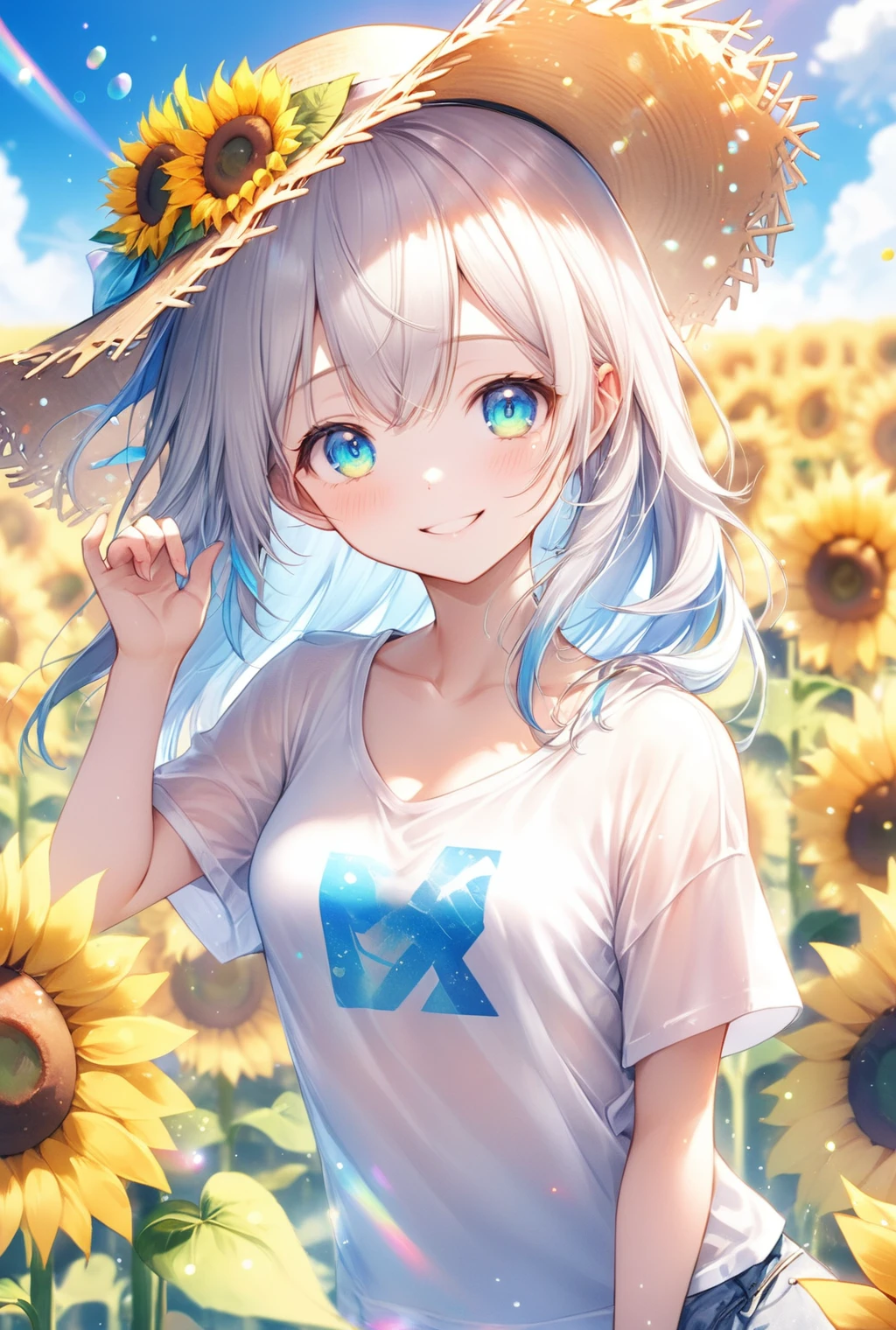 (Highest quality, 8k, 32K, masterpiece, Ultra-high resolution,:1.2),born, One girl,Super cute , Natural light,Clear, shining eyes, 20-year-old ,Fair skin, Wearing an open-necked T-shirt, Sexy pose, An innocent smile, A fantasy background of an electronic world like a sunny sunflower field, Straw hat, blue sky, summer, bright, Silver hair girl, Long Hair,Nyan Nyan Pose