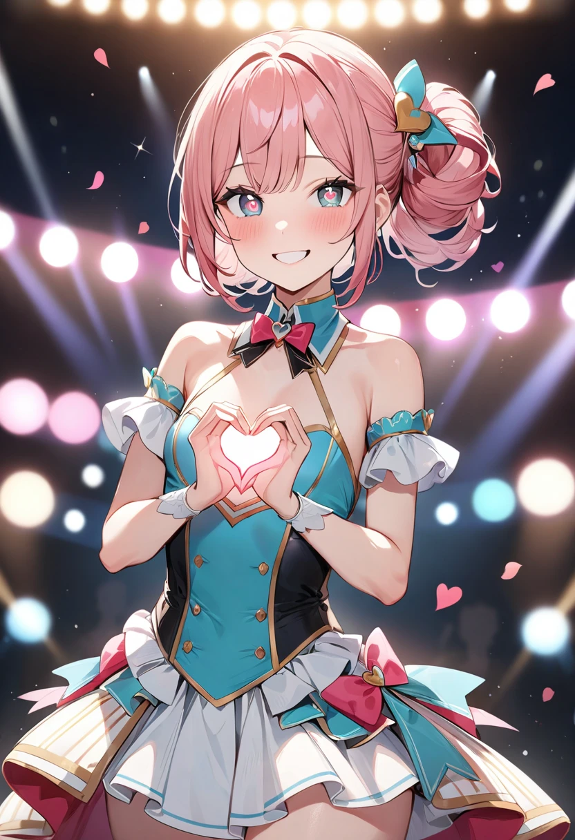 (masterpiece, top quality, very aesthetic, 4k、illustration), intricate detail, 1woman,、solo,contrapposto 、,(cowboy shot)、(heart shaped pupils),Cute、fan service、heart hands、happy smile、Random Hairstyle、Random Hair Color、,middle hair,sidelock ,Random Color　eyes、idol clothes、small breasts、Slim 、