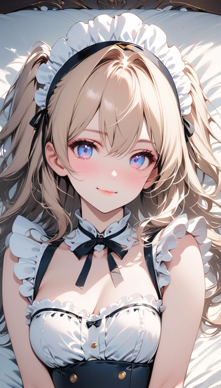 Blonde twin-tailed maid girl,((masterpiece )), (Highest quality), (Highest quality), ((非常にdetailedな, 8K quality)), aesthetics, Volumetric lighting, (detailedな線画), break, 非常にdetailed (Fairy), (One Girl), Perfect Face, detailed, Double pigtail, Blunt bangs, (Hair between the eyes), Gray Hair, blue eyes, eyelash, eye shadow, pink eye shadow, A light smile, Design art by Artgerm, kawashi, By Yoshitaka Amano, break, Portraiture, French maid dressed in French maid outfit, (((Poses that show the whole body))),Lying in bed
