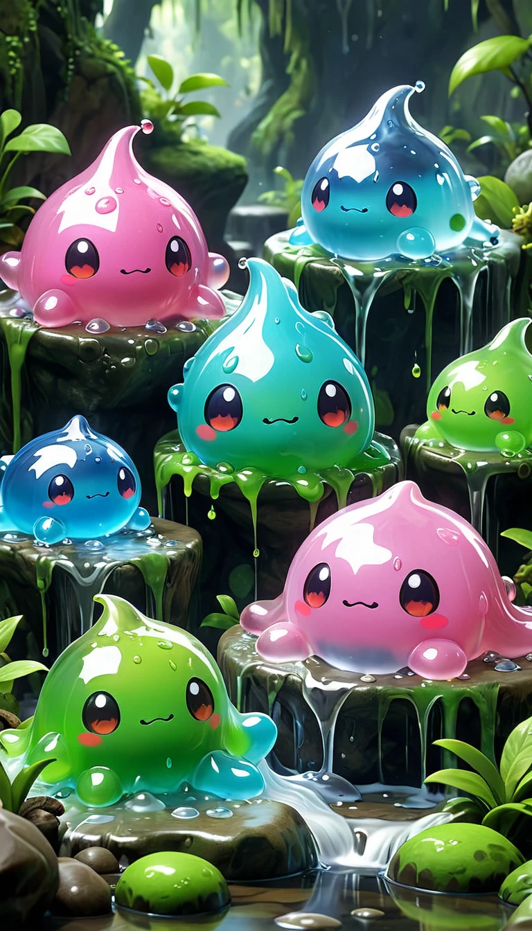 adventure game.Players capture and train slimes,As a pet or battle companion.Slime usually appears as a transparent、Soft and tender、Gel-like organisms appear in different colors,blue、green、Pink, etc. have no clear body structure,Beautifully textured foregrounds and backgrounds that can deform and flow,detailed, bright, Animation style high definition and high quality presentation