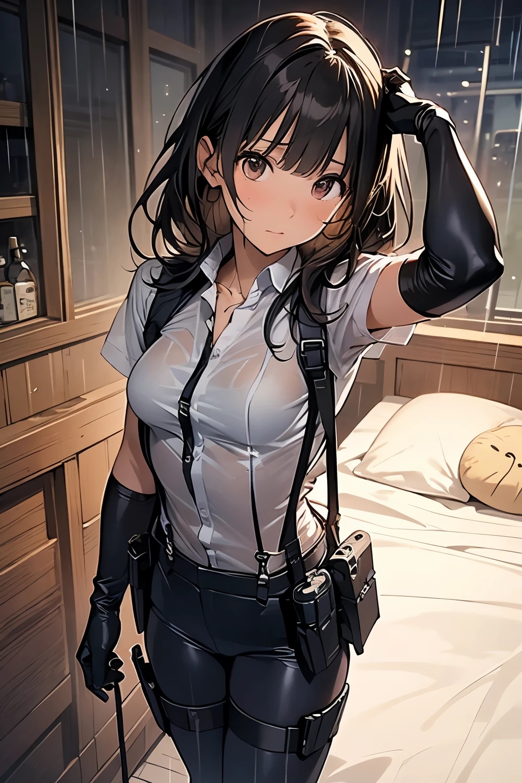 1 female, , high quality, masterpiece, Ultra-high resolution, , Cinema Lighting, , , And the suspenders with the cranes flying Large Breasts Small face holster Lying in bed Looking up Sweat belt summer 脇Sweat Black Hole Gloves suit shirt Black jacket Black trousers Leg Links ズボンにbelt holster Hands behind your back Anxious expression Looking up Anxious face, legs apart Armament Cable ties レッグholster holster See-through clothing heavy rain Getting wet in the rain