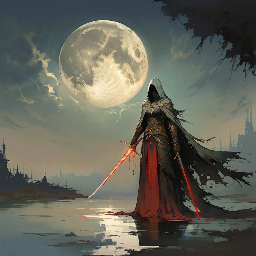 female druid of the moon goddess,muted,pale,with a dark fantasy illustration against a big moon in a clearing with a lake, No review by Yoji Shinkawa. dragon age concept art.