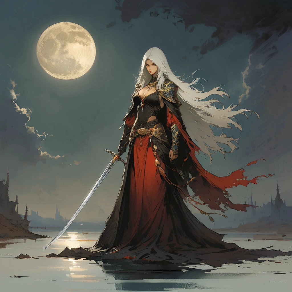 female druid of the moon goddess,muted,pale,with a dark fantasy illustration against a big moon in a clearing with a lake, No review by Yoji Shinkawa. dragon age concept art.