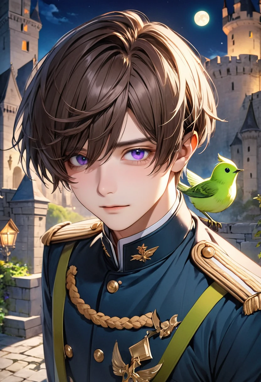 1 male　Brown short hair　Bangs that hide the eyes　Purple eyes　White and blue military uniform　Inside the castle　full moon　A thin green bird　