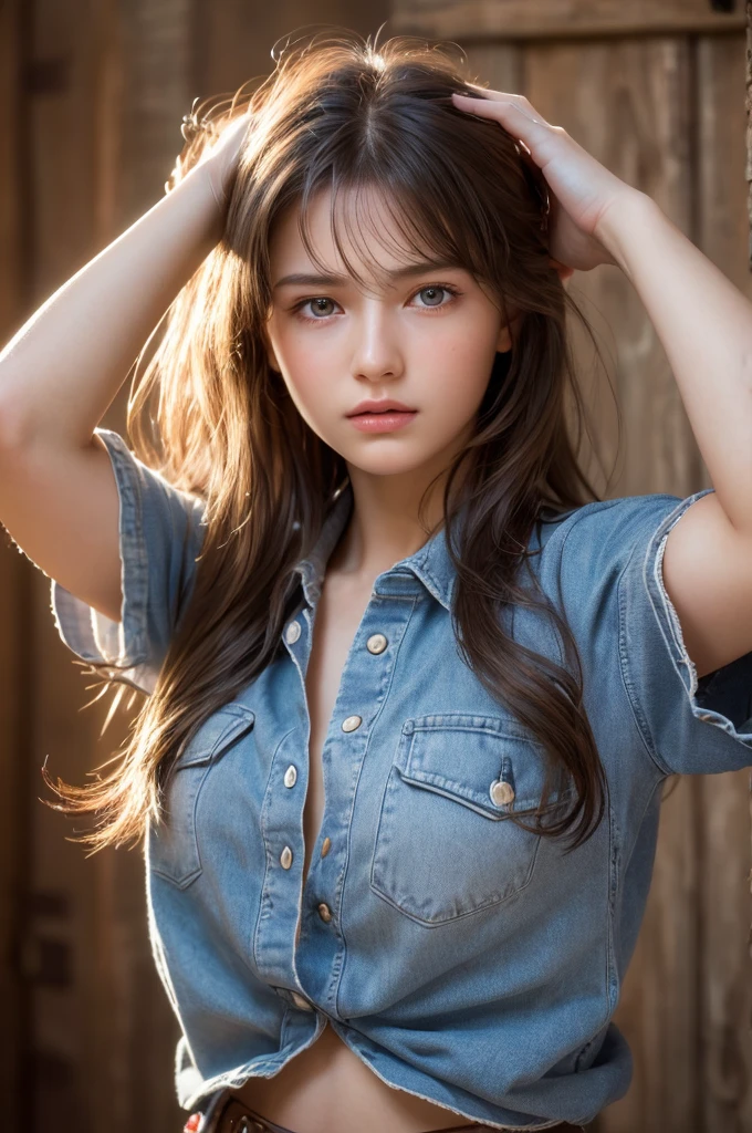 (masterpiece, Highest quality:1.1), (Ultra-fine 8K CG:1.2), (hyperRealistic:1.35), (PhotoRealistic:1.45), (Realistic:1.4), [Cowboy Shot], (Soft lighting), A beautiful Russian girl, 14 years old, put your hands in your hair, Underarm, Raise the hand,