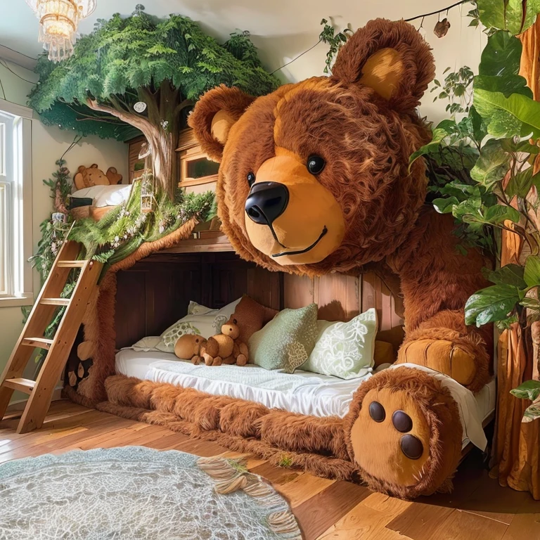 there is a big teddy bear sitting on a bed in a room, cozy treehouse bedroom, Forest Themed, with a bunk bed, dreamy and detailed, with detailed wood, inside a child's bedroom, childs bedroom, in a tree house, cozy place, floral jungle treehouse, with many details, Storybook style, designed for a cozy aesthetic!, incredibily detailed