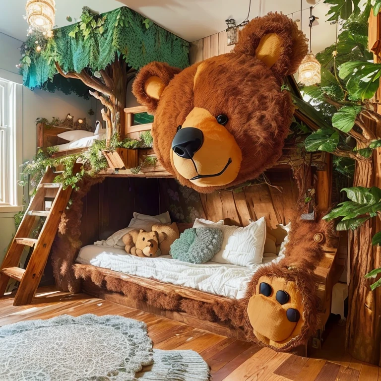 there is a big teddy bear sitting on a bed in a room, cozy treehouse bedroom, Forest Themed, with a bunk bed, dreamy and detailed, with detailed wood, inside a 's bedroom, childroom, in a tree house, cozy place, floral jungle treehouse, with many details, Storybook style, designed for a cozy aesthetic!, incredibily detailed