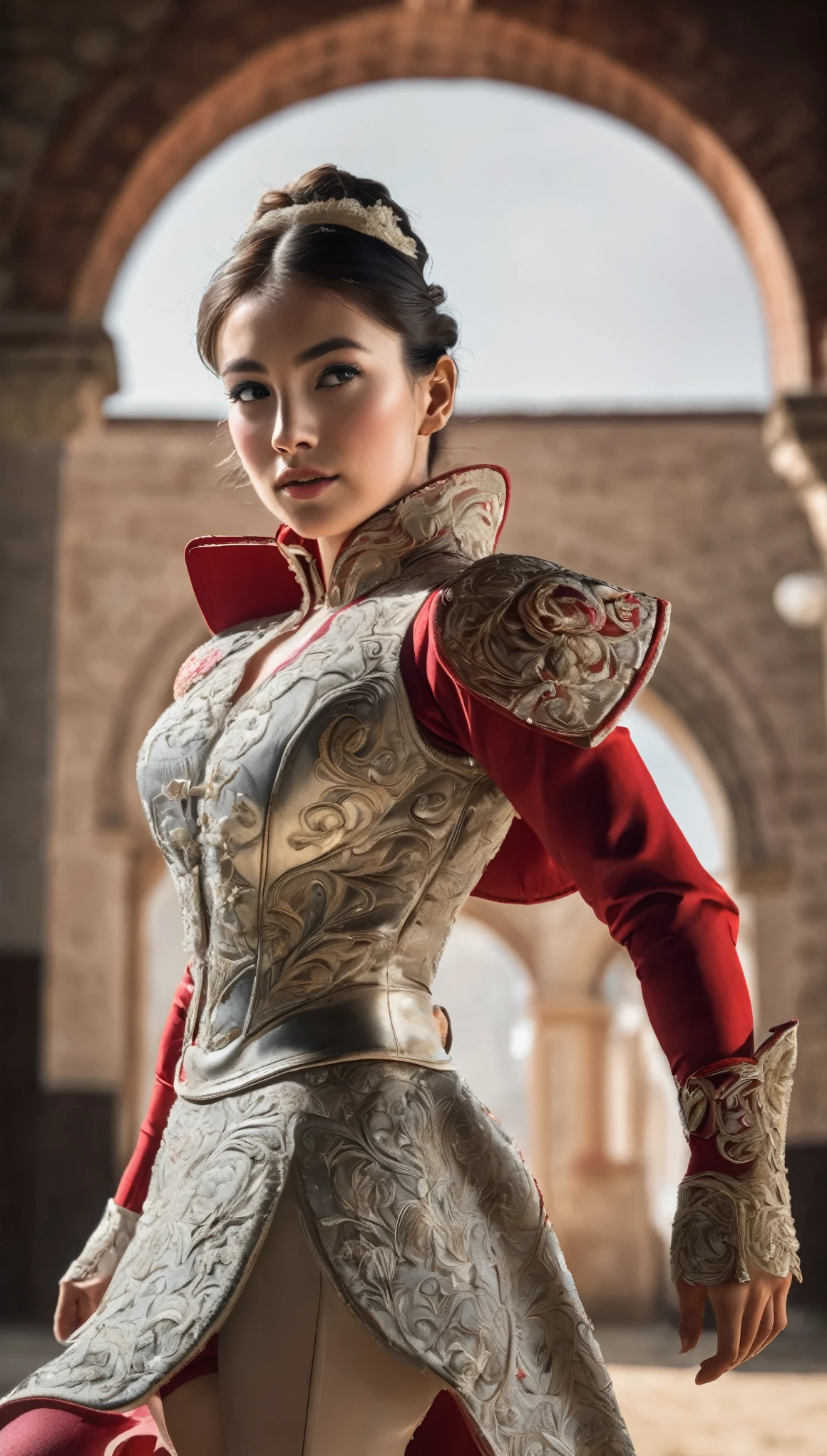 Highest quality, Realistic, photoRealistic, Award-winning photography, (Intricate details, Bullring: 1.2), (Subtle details), (Intricate details), (Cinematic Light, Super sexy short hair woman, Bullfighter, Bullring, huge firm bouncing chests, sexy long legs, dynamic sexy pose, Bullfighterの正装, Bullfighterの帽子, Bullfighterのlong pants, flashy leather long boots, Bullfighterの赤いマント, Confronting the bull, Full body close-up),