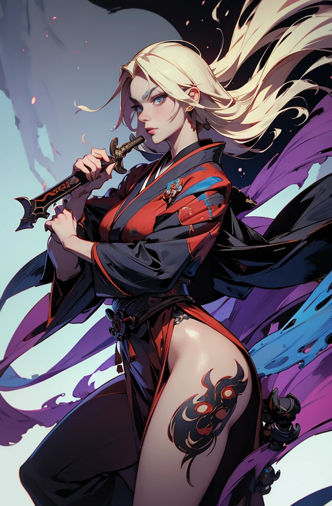 A very beautiful demon woman wearing a red kimono and holding a sword, Platinum Blonde Devil, knife剣を携えた鬼の女, Cool Beauty, Very beautiful face, Sharp eyes, knife, 妖knife, knife, Powerful female samurai, Fanged Mouth, gambling, Platinum Blonde Devil, Beautiful red kimono, Oiran, Highest ranking woman, Ghost Girl, Female Yakuza, Toshi Ibaraki, drinking boy, Very detailed painting by Jan J.., Artstation Contest Winner, Fantasy art, The Detailed Art of the Onmyoji, Lost at 8k, Types of bacteria on artstation pixiv, Types of bacteria. Anime illustration, Onmyoji portrait, Types of bacteria and ruan jia, onmyoji, Highest quality, The perfect angle, Perfect composition, Best Shot, Official Art, Cinematic Light, Sharp contours, pretty much beautiful face, Devil of Kyoto, Lord of Chimi Muru, Ruthless Devil Woman, demon queen, Female Yakuza, Full Body Tattoo, Danvila, 妖knife, wide, Rashomon, SakuraFubuki