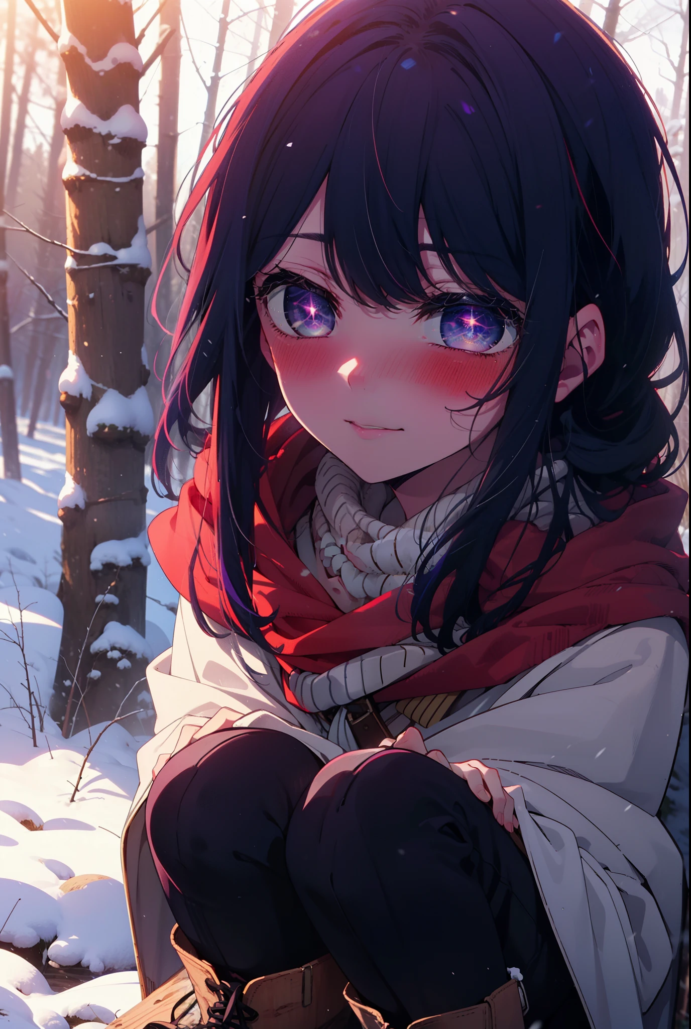 aihoshino, Ai Hoshino, Long Hair, bangs, (Purple eyes:1.1), Purple Hair, (Symbol-shaped pupil:1.5), smile,,smile,blush,white breath,
Open your mouth,snow,Ground bonfire, Outdoor, boots, snowing, From the side, wood, suitcase, Cape, Blurred, , forest, White handbag, nature,  Squat, Mouth closed, Cape, winter, Written boundary depth, Black shoes, red Cape break looking at viewer, Upper Body, whole body, break Outdoor, forest, nature, break (masterpiece:1.2), Highest quality, High resolution, unity 8k wallpaper, (shape:0.8), (Beautiful and beautiful eyes:1.6), Highly detailed face, Perfect lighting, Extremely detailed CG, (Perfect hands, Perfect Anatomy),