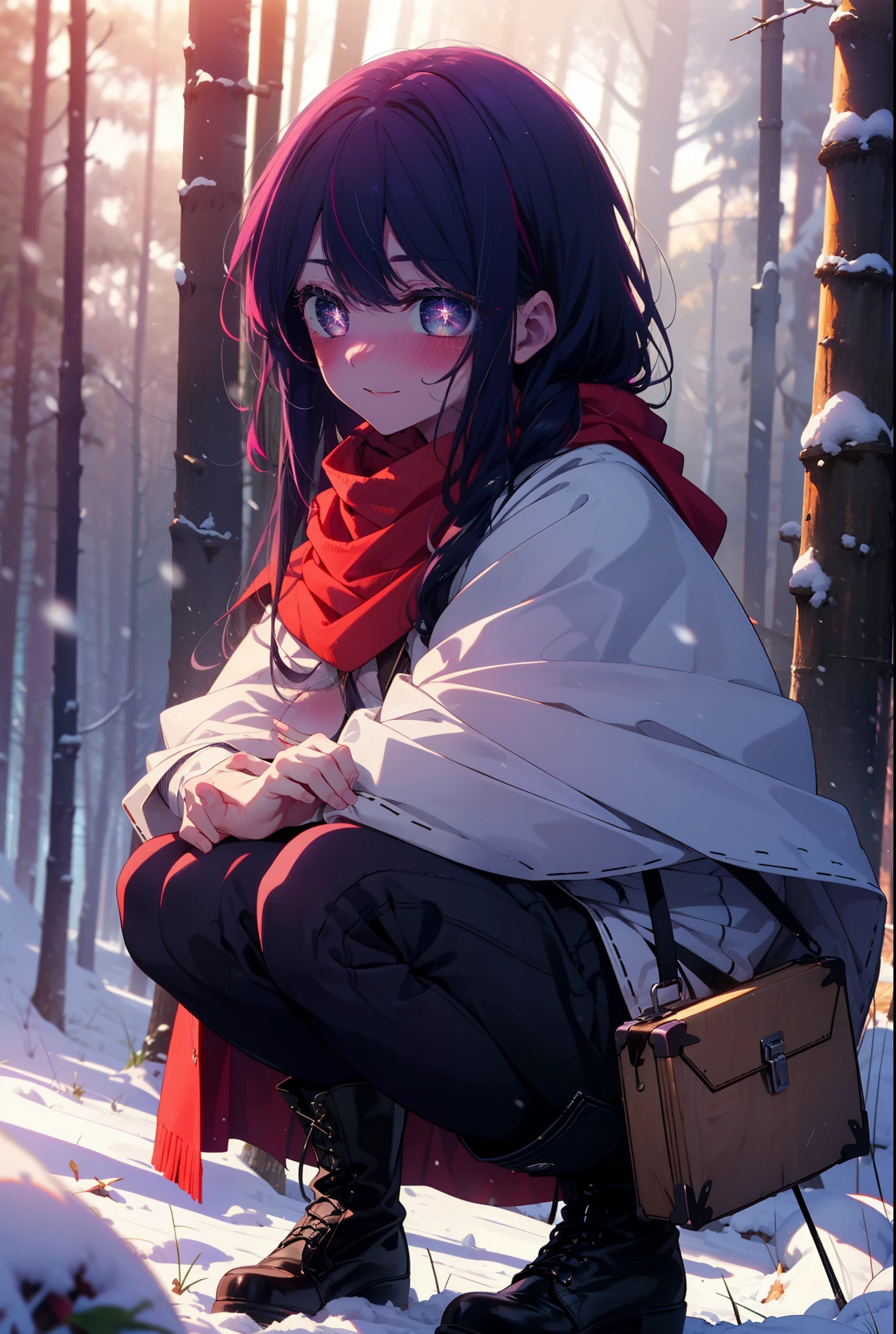 aihoshino, Ai Hoshino, Long Hair, bangs, (Purple eyes:1.1), Purple Hair, (Symbol-shaped pupil:1.5), smile,,smile,blush,white breath,
Open your mouth,snow,Ground bonfire, Outdoor, boots, snowing, From the side, wood, suitcase, Cape, Blurred, , forest, White handbag, nature,  Squat, Mouth closed, Cape, winter, Written boundary depth, Black shoes, red Cape break looking at viewer, Upper Body, whole body, break Outdoor, forest, nature, break (masterpiece:1.2), Highest quality, High resolution, unity 8k wallpaper, (shape:0.8), (Beautiful and beautiful eyes:1.6), Highly detailed face, Perfect lighting, Extremely detailed CG, (Perfect hands, Perfect Anatomy),