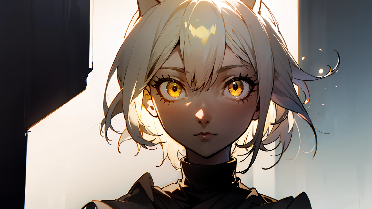 White-haired cat-eared girl、Yellow Eyes、Cat Eyeinimalist style female portrait、Monochrome outfit on a white background、Simple accessories and clean lines、In a modern studio with soft lighting、Cool and elegant atmosphere