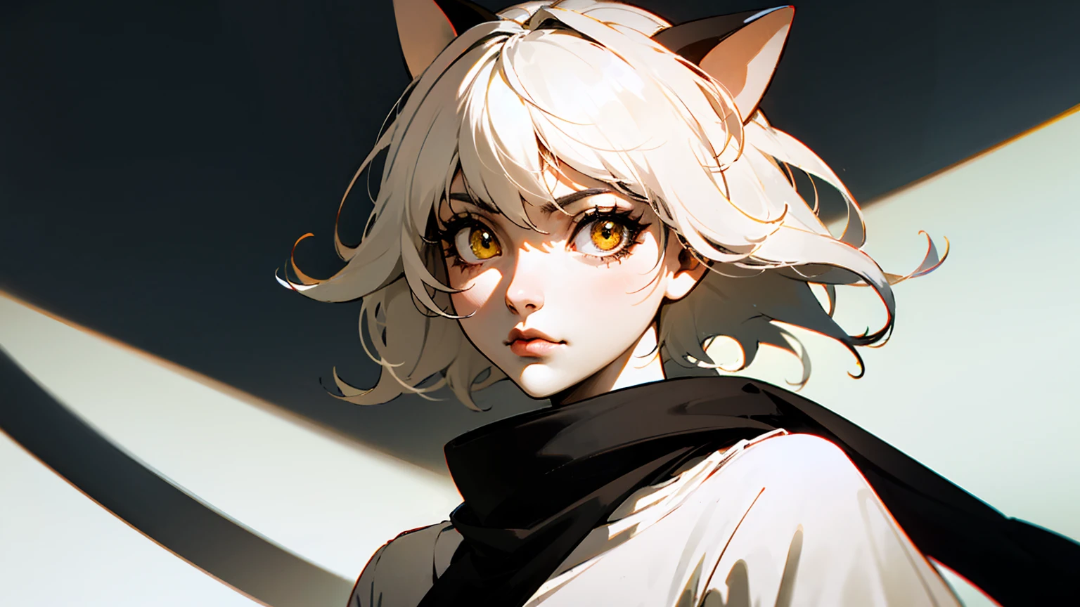 White-haired cat-eared girl、Yellow Eyes、Cat Eyeinimalist style female portrait、Monochrome outfit on a white background、Simple accessories and clean lines、In a modern studio with soft lighting、Cool and elegant atmosphere