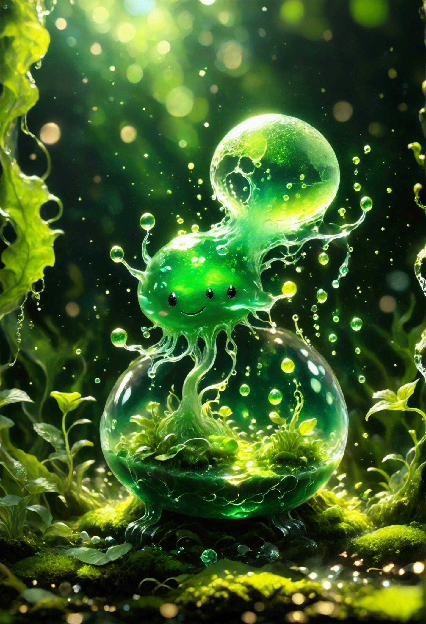 Visualize a slime creature in a fantasy setting. The creature is known for its jelly-like translucent body that shimmers in various shades of green. It has no definite shape but is generally spherical. It moves slowly by deforming its body, flowing over obstacles in its path. Within its gelatinous mass, tiny sparkles can be seen, giving it an otherworldly charm.