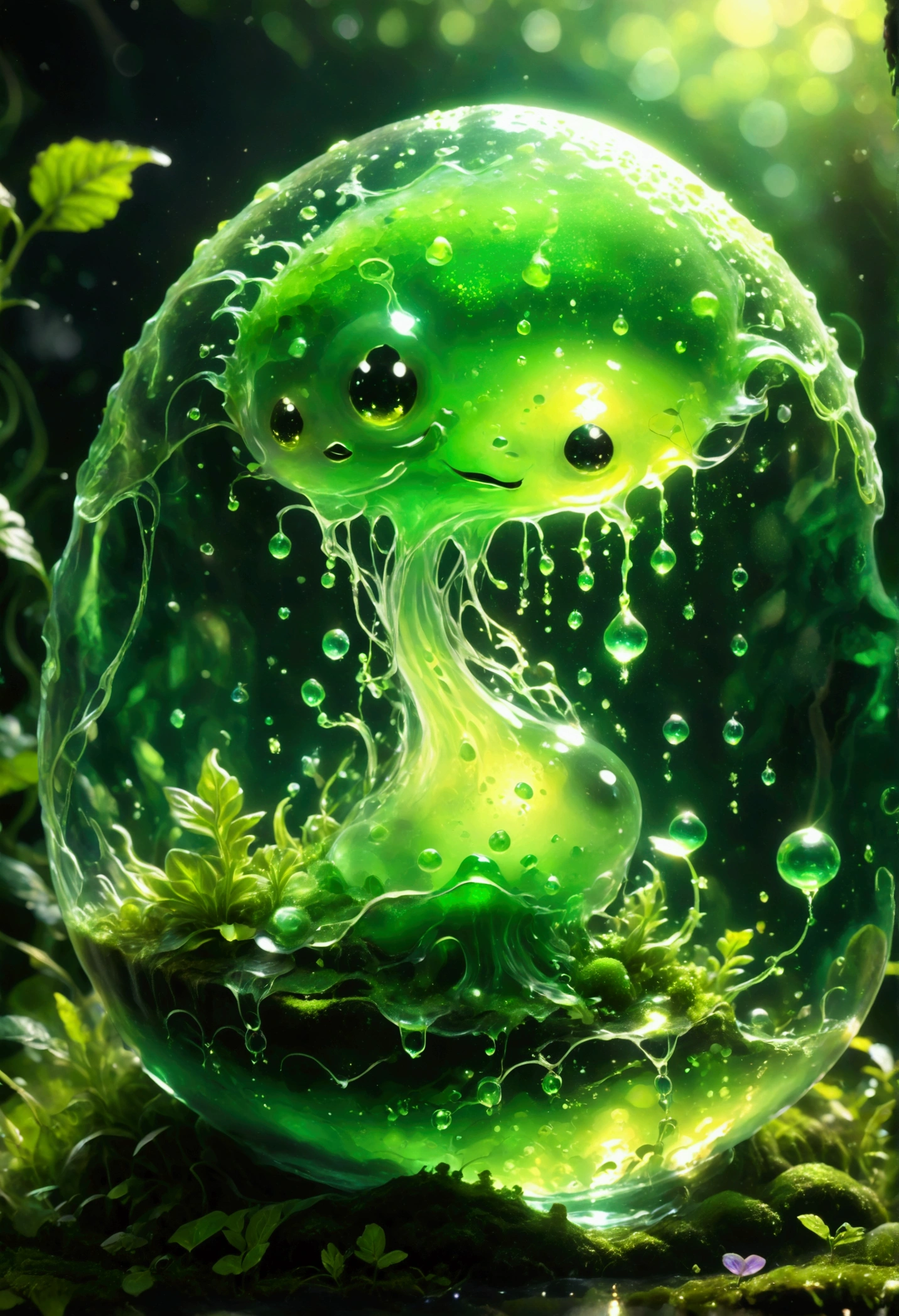 Visualize a slime creature in a fantasy setting. The creature is known for its jelly-like translucent body that shimmers in various shades of green. It has no definite shape but is generally spherical. It moves slowly by deforming its body, flowing over obstacles in its path. Within its gelatinous mass, tiny sparkles can be seen, giving it an otherworldly charm.