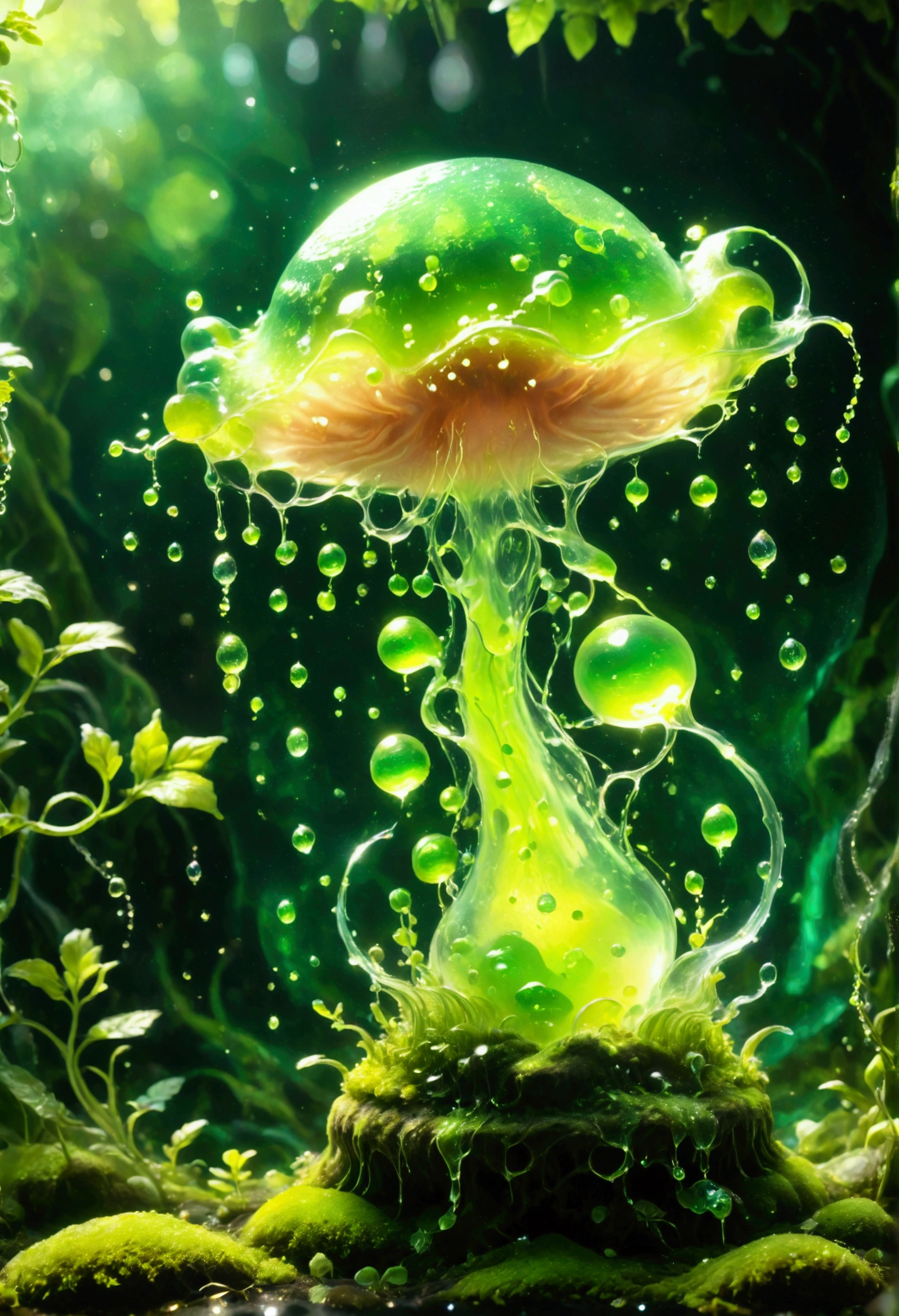 Visualize a slime creature in a fantasy setting. The creature is known for its jelly-like translucent body that shimmers in various shades of green. It has no definite shape but is generally spherical. It moves slowly by deforming its body, flowing over obstacles in its path. Within its gelatinous mass, tiny sparkles can be seen, giving it an otherworldly charm.