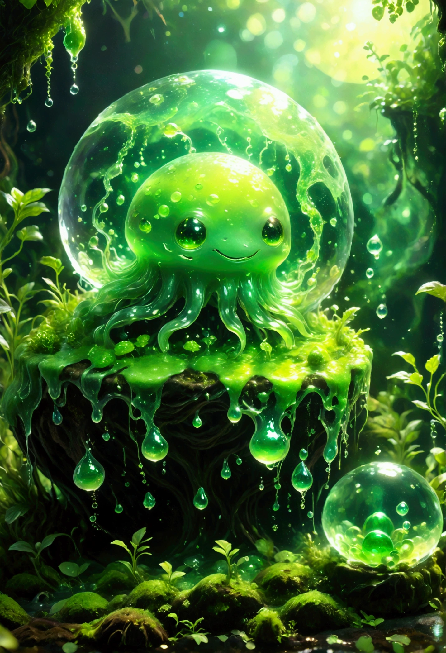 Visualize a slime creature in a fantasy setting. The creature is known for its jelly-like translucent body that shimmers in various shades of green. It has no definite shape but is generally spherical. It moves slowly by deforming its body, flowing over obstacles in its path. Within its gelatinous mass, tiny sparkles can be seen, giving it an otherworldly charm.