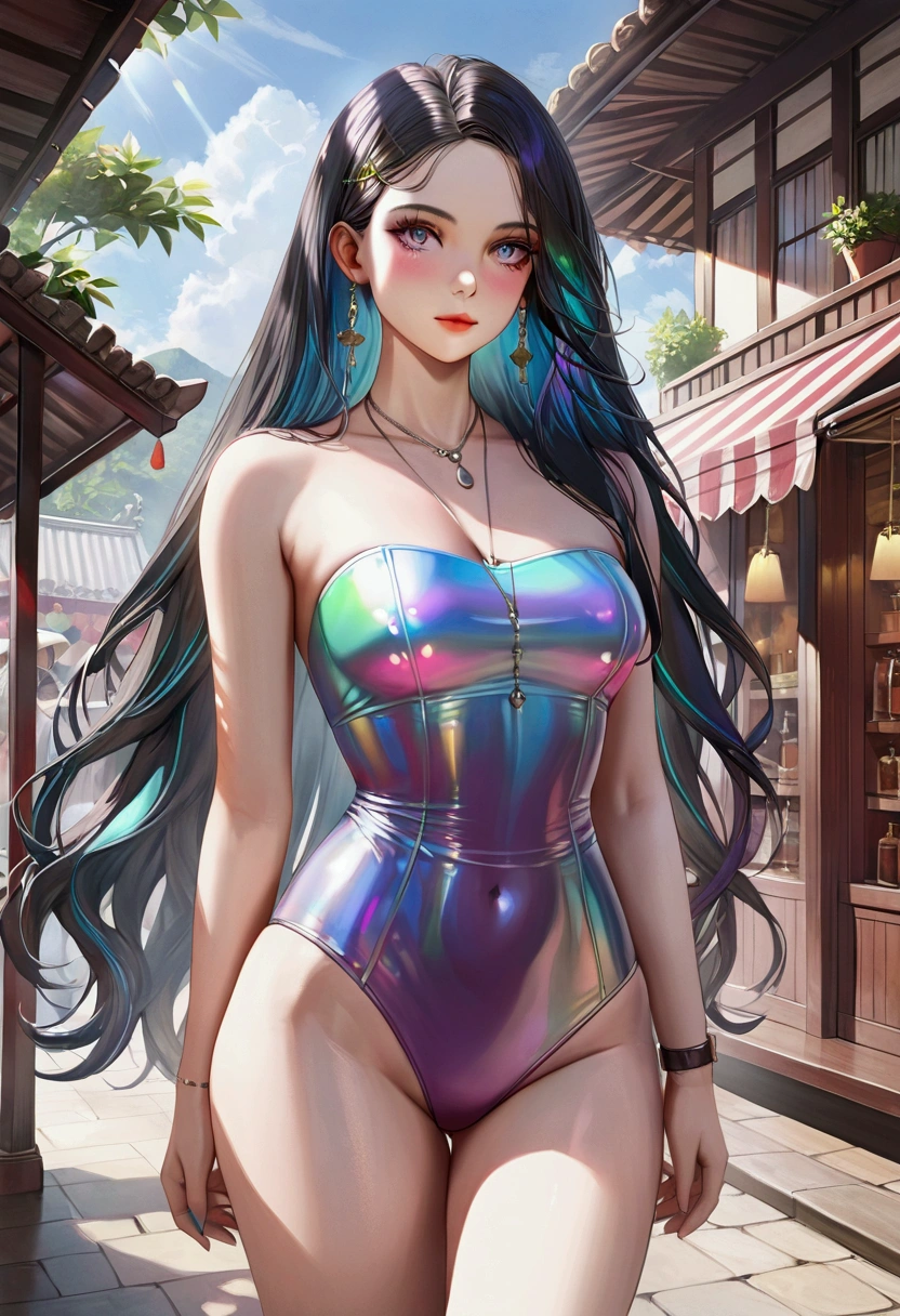 A girl with long dark iridescent hair,iridescent eyes, fair skin tone, hourglass built, casualwear, detailed hair, detailed body, best quality, realistic