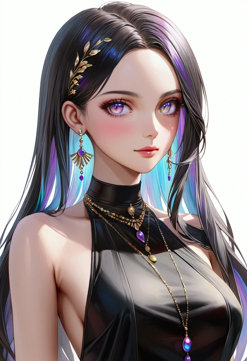 A girl with long dark iridescent hair,iridescent eyes, fair skin tone, hourglass built, casualwear, detailed hair, detailed body, best quality, realistic