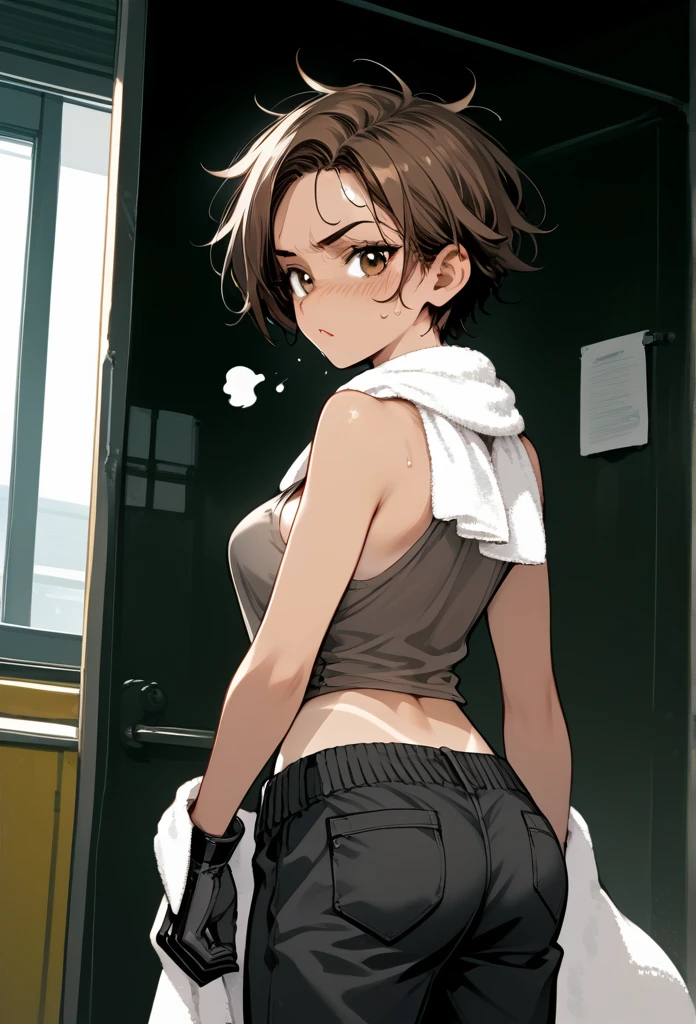masterpiece, Best Quality, mature woman, messy hair, black fur, brunette ombre hair color, hot face, (tomboy face), tanned skin, mature body, shaped body, medium breasts, mechanic gloves, (dirty tank top), stained tank top, diaphragm, white scarf, Mechanic pants, loose pants, taller, (sweaty), crouched, towel around the neck, back view, visible panties