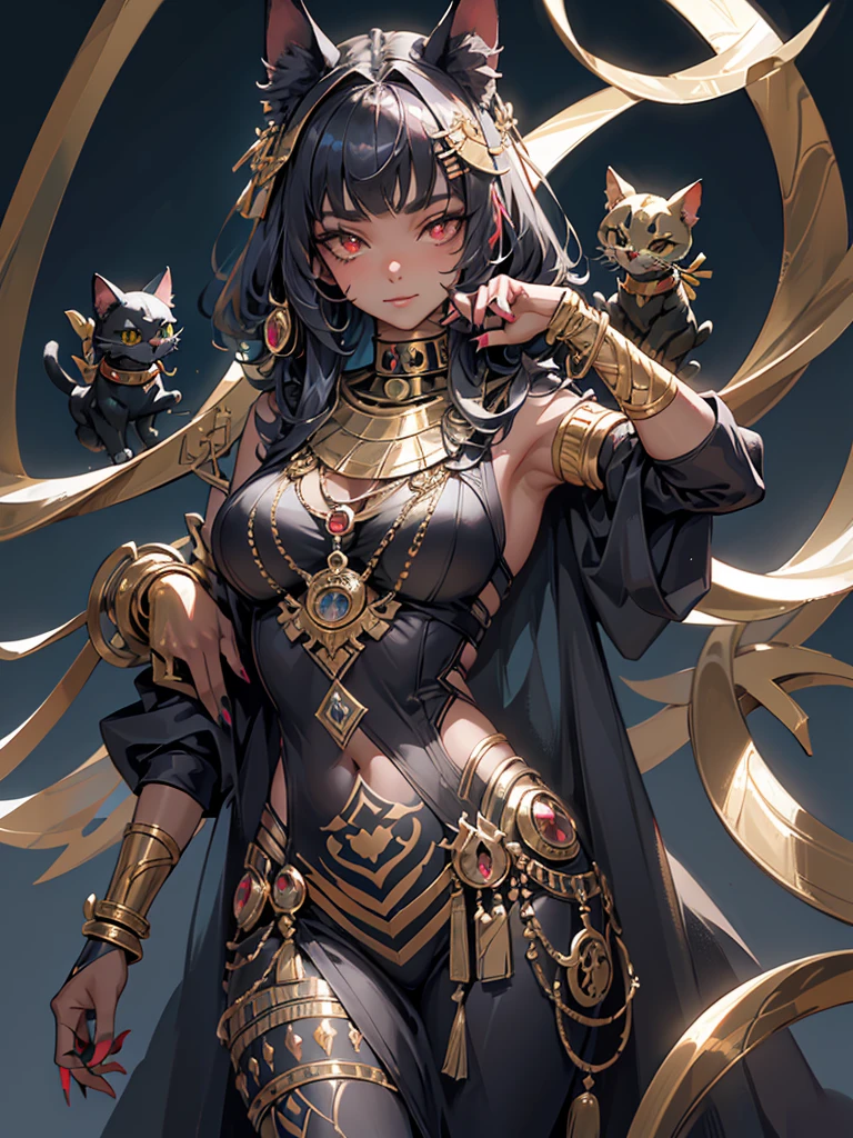 (masterpiece, Highest quality, High resolution:1.2), Very detailed, Realistic anthropomorphic animals, Pharaoh, Egypt, Big Breasts, Egyptian goodness, Pharaohの女性, Cat girl, Cat sphinx, Onyx Skin, Monster Girl, Furry, Detailed body, Fine hand, Correct finger, Egyptian-themed bedroom, Luxurious silk, Gold Gemstones, Seductive red eyes, Mysterious Aura, Sharp Claws, Long nails, Vibrant colors