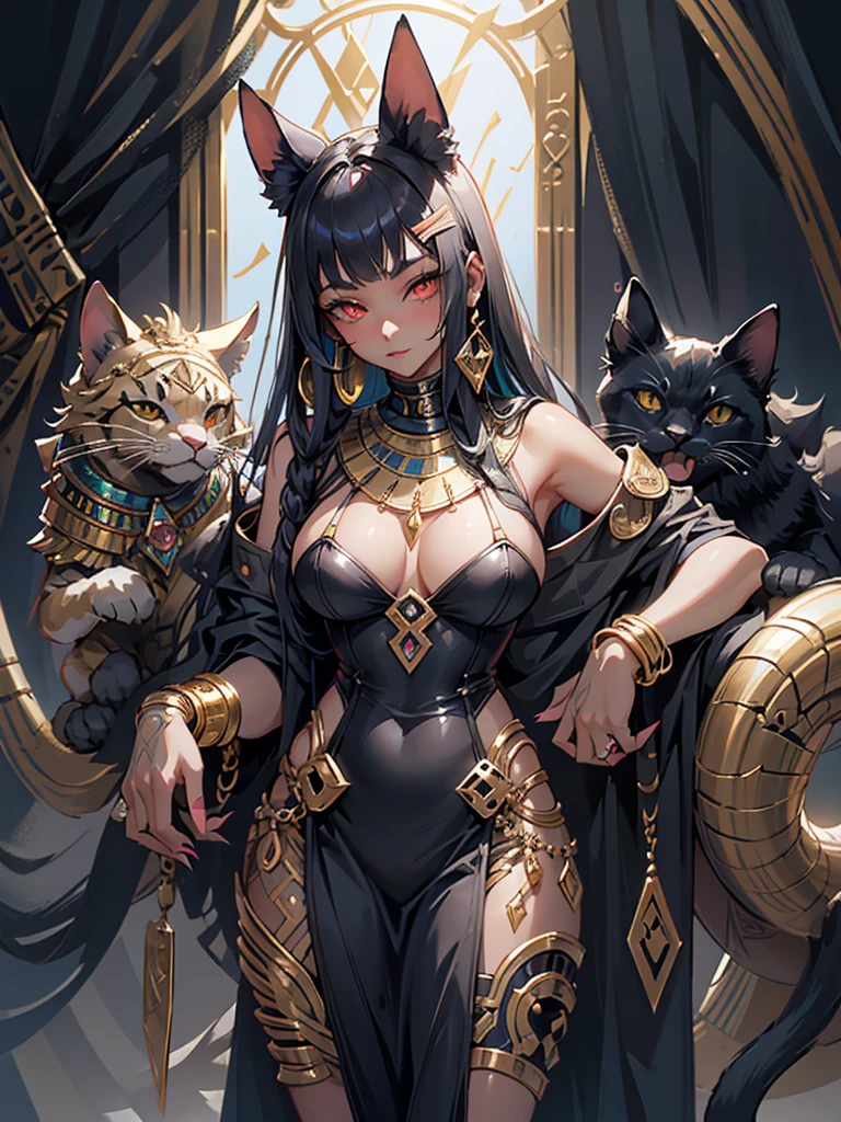 (masterpiece, Highest quality, High resolution:1.2), Very detailed, Realistic anthropomorphic animals, Pharaoh, Egypt, Big Breasts, Egyptian goodness, Pharaohの女性, Cat girl, Cat sphinx, Onyx Skin, Monster Girl, Furry, Detailed body, Fine hand, Correct finger, Egyptian-themed bedroom, Luxurious silk, Gold Gemstones, Seductive red eyes, Mysterious Aura, Sharp Claws, Long nails, Vibrant colors