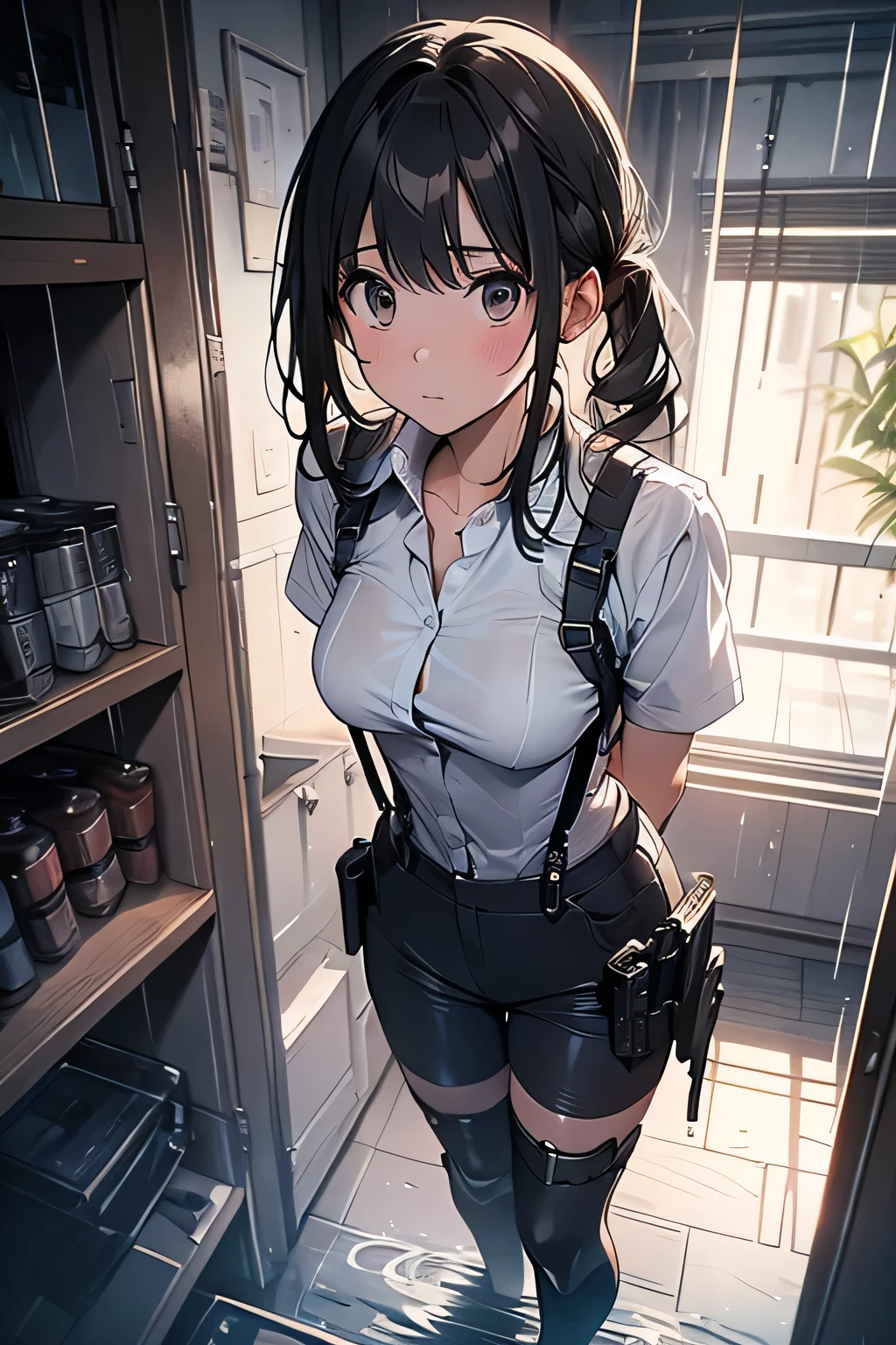 1 female, , high quality, masterpiece, Ultra-high resolution, , Cinema Lighting, , , And the suspenders with the cranes flying Large Breasts Small face holster Lying in bed Looking up Sweat belt summer 脇Sweat Black Hole Gloves suit shirt Black jacket Black trousers Leg Links ズボンにbelt holster Hands behind your back Anxious expression Looking up Anxious face, legs apart Armament Cable ties レッグholster holster See-through clothing heavy rain Getting wet in the rain