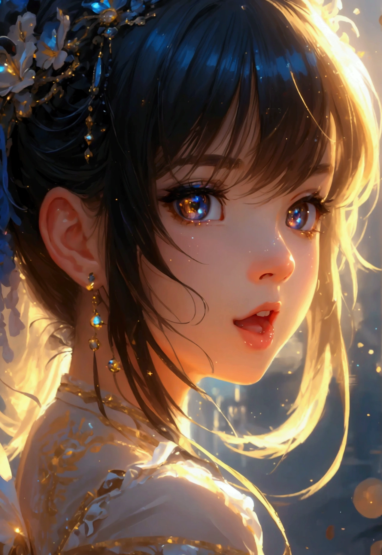 ((masterpiece, best quality)), highres, 8k, cinematic light, high contrast, depth of field, intense glow, detailed background, 1girl, cute, detailed eyes, sparkle in eyes, detailed iris, grin, stylized, open mouth, fang,